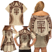 Bula Fiji Day 55th Anniversary Masi Tapa Family Matching Off Shoulder Short Dress and Hawaiian Shirt Emerald Jubilee - Beige - Polynesian Pride