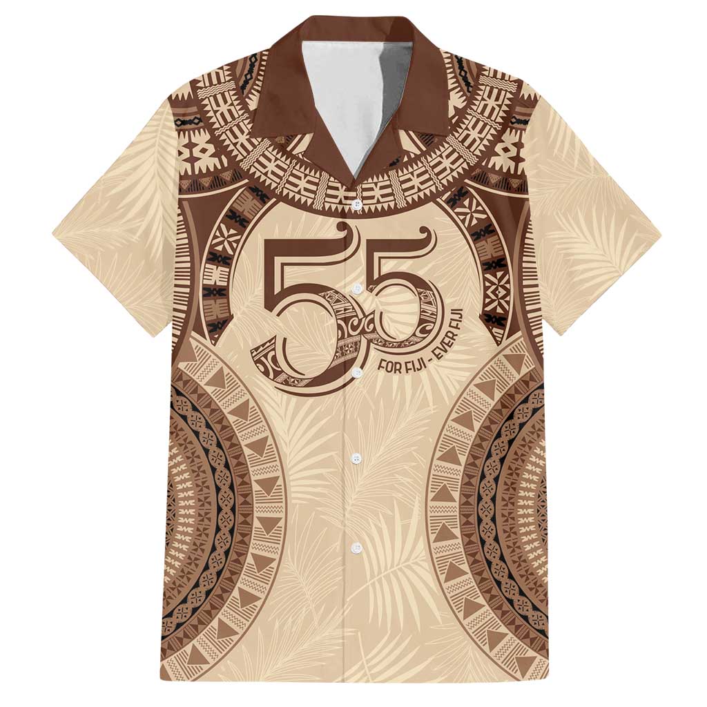 Bula Fiji Day 55th Anniversary Masi Tapa Family Matching Puletasi and Hawaiian Shirt Emerald Jubilee - Beige LT7 Dad's Shirt - Short Sleeve Beige - Polynesian Pride