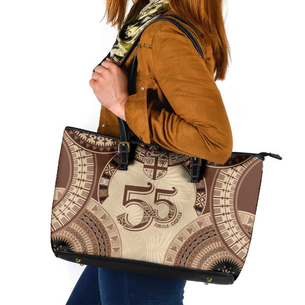 Bula Fiji Day 55th Anniversary Masi Tapa Leather Tote Bag Emerald Jubilee - Beige LT7 Beige - Polynesian Pride