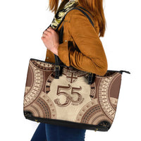 Bula Fiji Day 55th Anniversary Masi Tapa Leather Tote Bag Emerald Jubilee - Beige LT7 Beige - Polynesian Pride