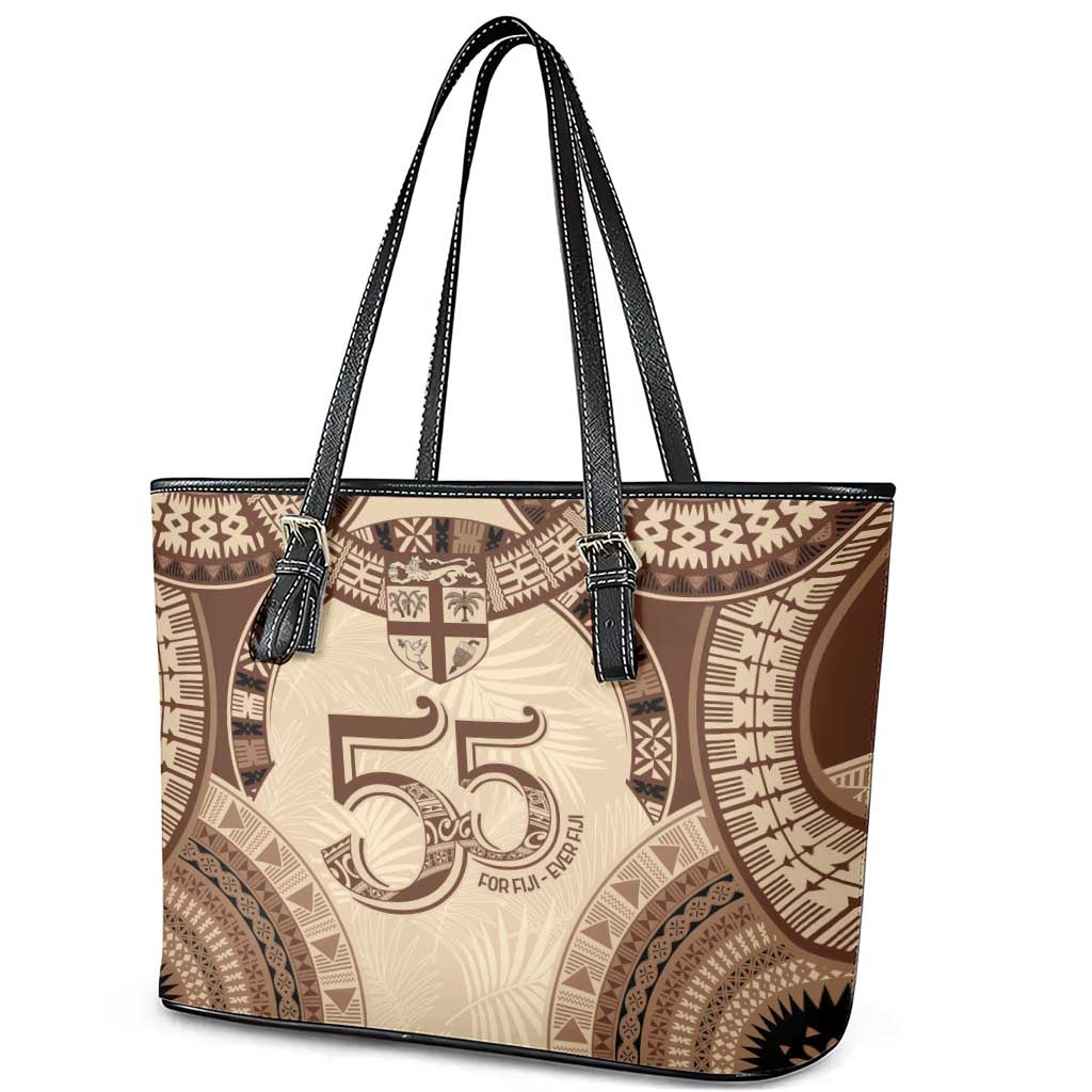 Bula Fiji Day 55th Anniversary Masi Tapa Leather Tote Bag Emerald Jubilee - Beige LT7 - Polynesian Pride