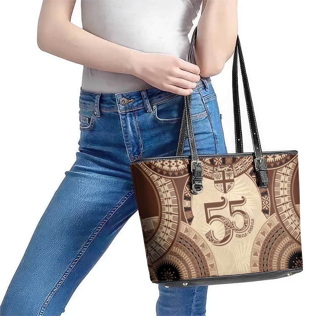 Bula Fiji Day 55th Anniversary Masi Tapa Leather Tote Bag Emerald Jubilee - Beige LT7 - Polynesian Pride