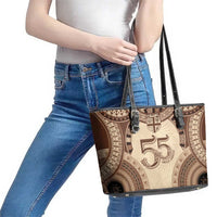 Bula Fiji Day 55th Anniversary Masi Tapa Leather Tote Bag Emerald Jubilee - Beige LT7 - Polynesian Pride
