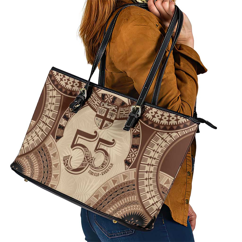 Bula Fiji Day 55th Anniversary Masi Tapa Leather Tote Bag Emerald Jubilee - Beige LT7 - Polynesian Pride