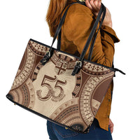 Bula Fiji Day 55th Anniversary Masi Tapa Leather Tote Bag Emerald Jubilee - Beige LT7 - Polynesian Pride