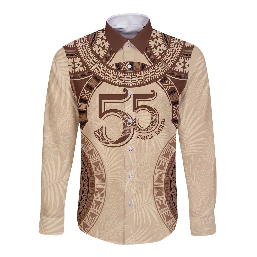 Bula Fiji Day 55th Anniversary Masi Tapa Long Sleeve Button Shirt Emerald Jubilee - Beige LT7 Unisex Beige - Polynesian Pride