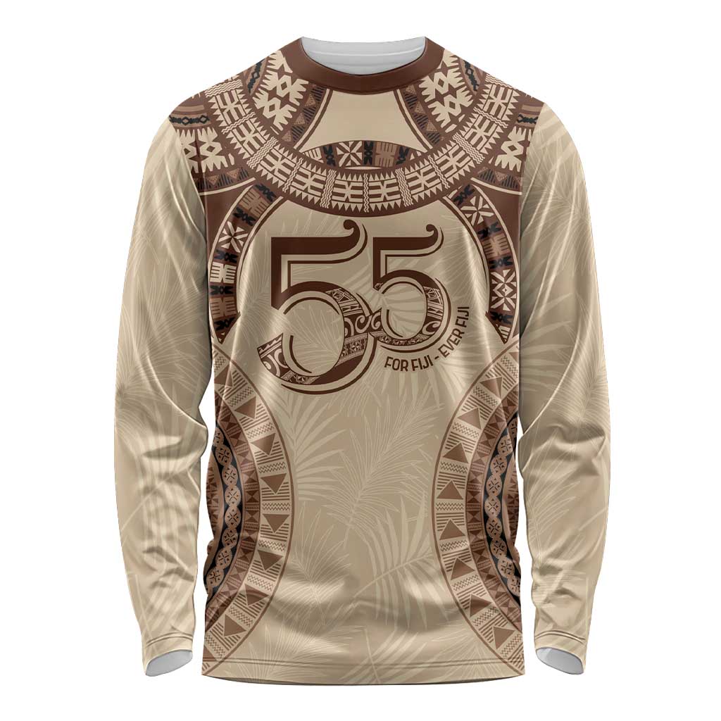 Bula Fiji Day 55th Anniversary Masi Tapa Long Sleeve Shirt Emerald Jubilee - Beige LT7 Unisex Beige - Polynesian Pride