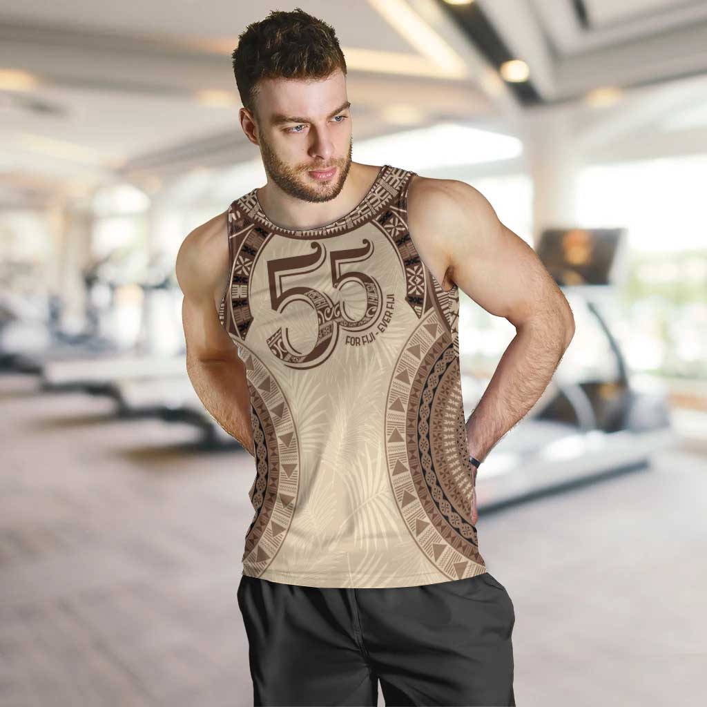 Bula Fiji Day 55th Anniversary Masi Tapa Men Tank Top Emerald Jubilee - Beige - Polynesian Pride