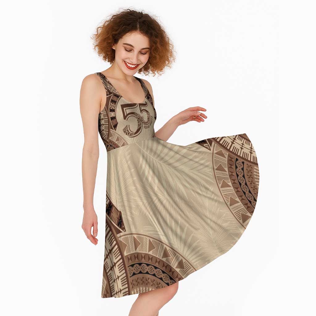 Bula Fiji Day 55th Anniversary Masi Tapa Midi Dress Emerald Jubilee - Beige - Polynesian Pride