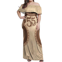 Bula Fiji Day 55th Anniversary Masi Tapa Off Shoulder Maxi Dress Emerald Jubilee - Beige - Polynesian Pride