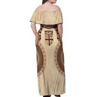 Bula Fiji Day 55th Anniversary Masi Tapa Off Shoulder Maxi Dress Emerald Jubilee - Beige - Polynesian Pride