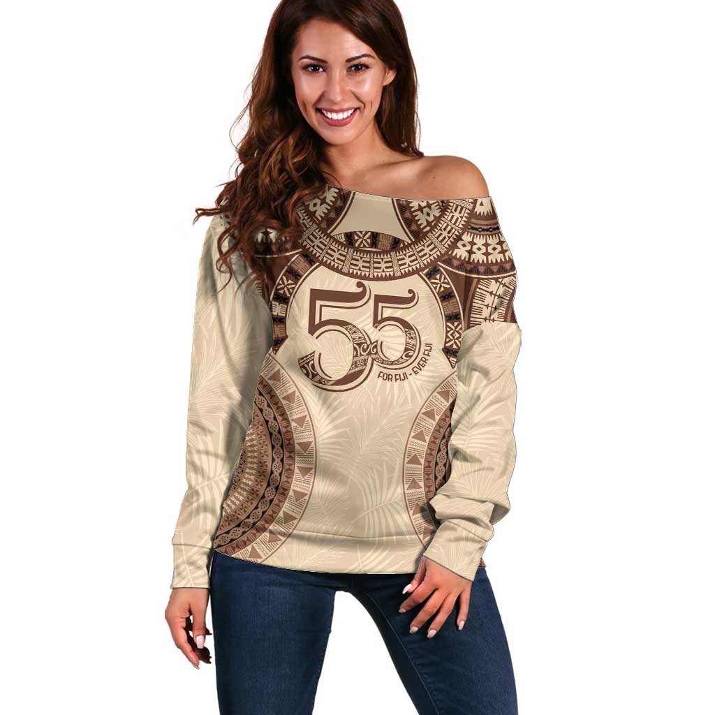 Bula Fiji Day 55th Anniversary Masi Tapa Off Shoulder Sweater Emerald Jubilee - Beige - Polynesian Pride