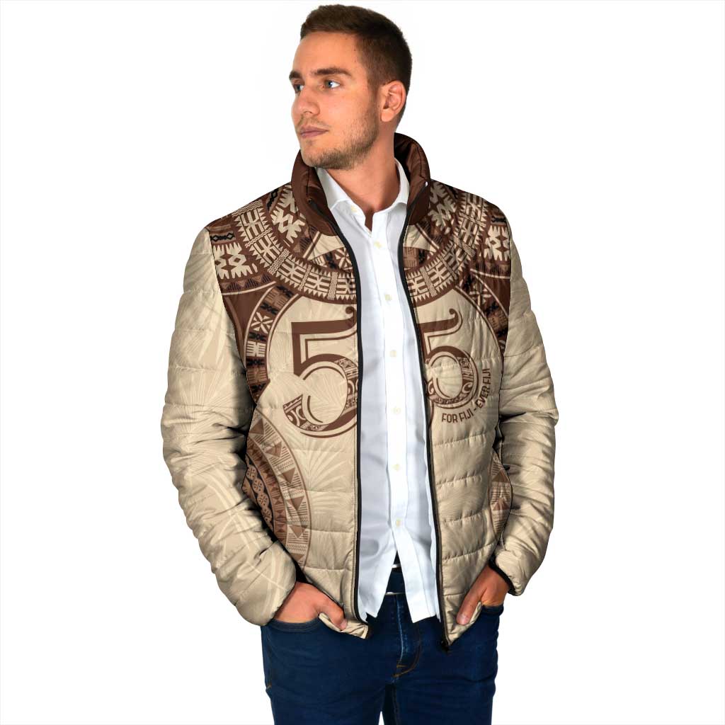 Bula Fiji Day 55th Anniversary Masi Tapa Padded Jacket Emerald Jubilee - Beige LT7 - Polynesian Pride