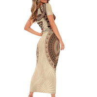 Bula Fiji Day 55th Anniversary Masi Tapa Short Sleeve Bodycon Dress Emerald Jubilee - Beige - Polynesian Pride