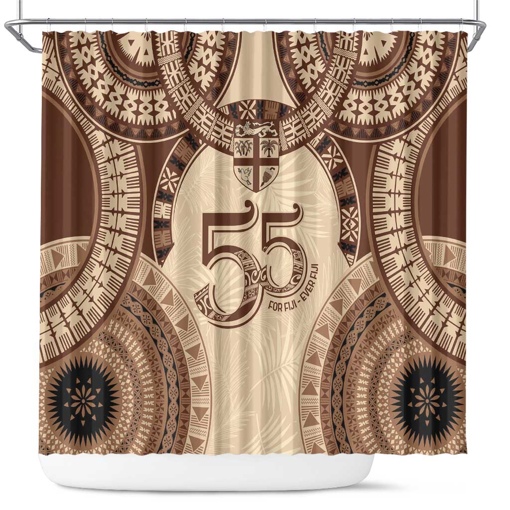 Bula Fiji Day 55th Anniversary Masi Tapa Shower Curtain Emerald Jubilee - Beige - Polynesian Pride
