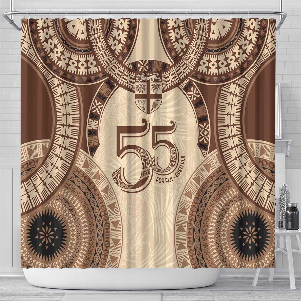 Bula Fiji Day 55th Anniversary Masi Tapa Shower Curtain Emerald Jubilee - Beige - Polynesian Pride