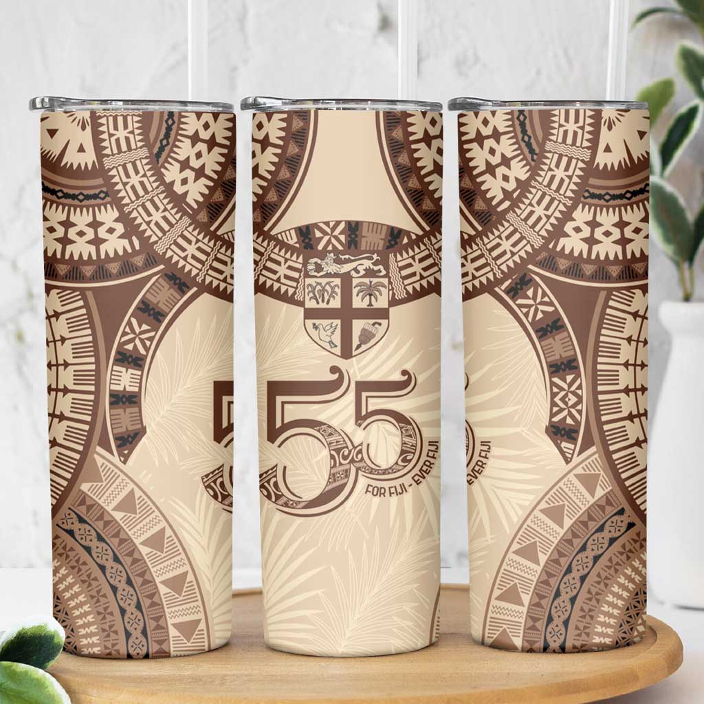 Bula Fiji Day 55th Anniversary Masi Tapa Skinny Tumbler Emerald Jubilee - Beige - Polynesian Pride