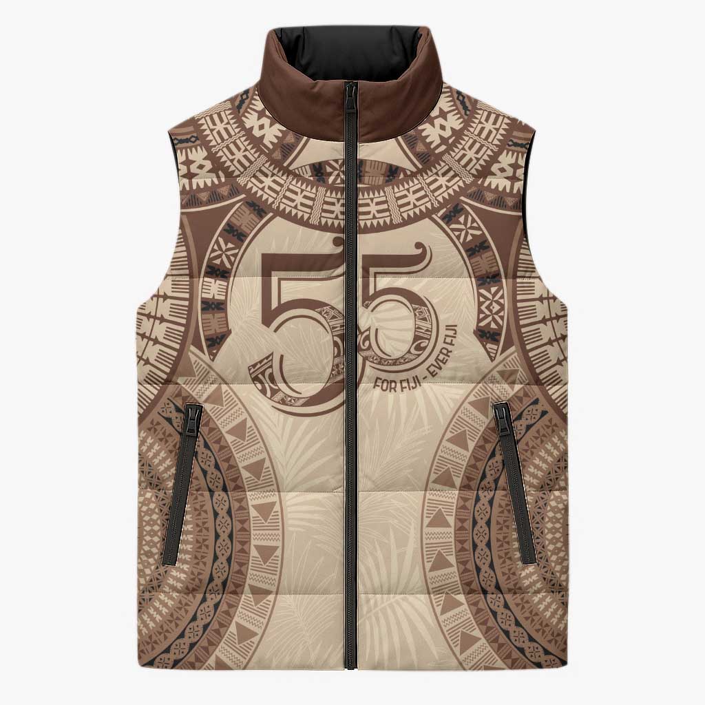 Bula Fiji Day 55th Anniversary Masi Tapa Sleeveless Puffer Jacket Emerald Jubilee - Beige LT7 Unisex Beige - Polynesian Pride