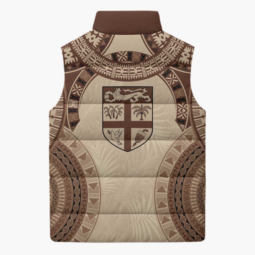 Bula Fiji Day 55th Anniversary Masi Tapa Sleeveless Puffer Jacket Emerald Jubilee - Beige LT7 - Polynesian Pride