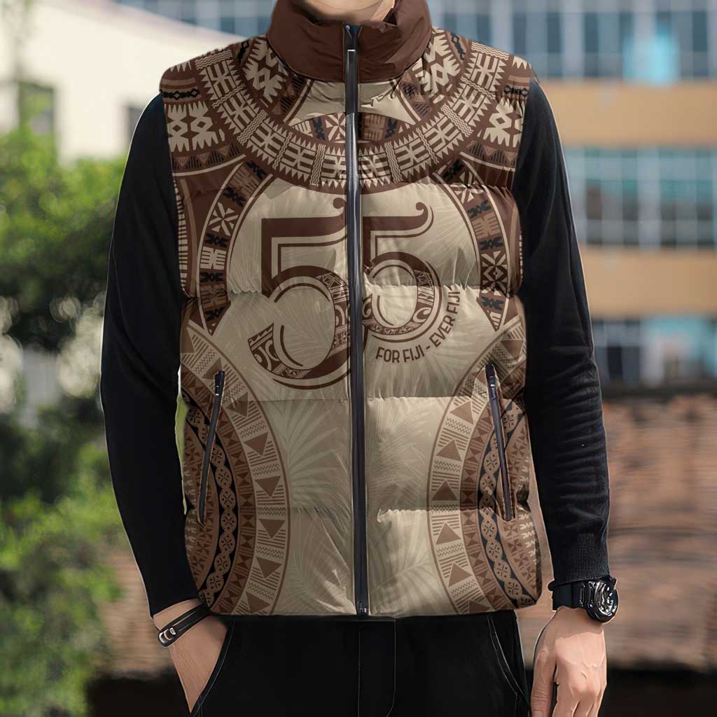 Bula Fiji Day 55th Anniversary Masi Tapa Sleeveless Puffer Jacket Emerald Jubilee - Beige LT7 - Polynesian Pride