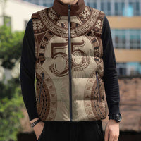Bula Fiji Day 55th Anniversary Masi Tapa Sleeveless Puffer Jacket Emerald Jubilee - Beige LT7 - Polynesian Pride