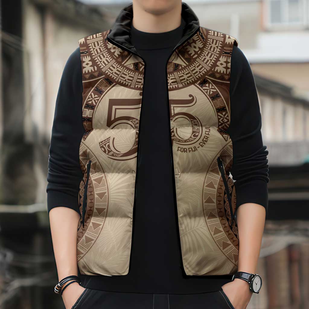 Bula Fiji Day 55th Anniversary Masi Tapa Sleeveless Puffer Jacket Emerald Jubilee - Beige LT7 - Polynesian Pride