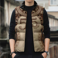 Bula Fiji Day 55th Anniversary Masi Tapa Sleeveless Puffer Jacket Emerald Jubilee - Beige LT7 - Polynesian Pride