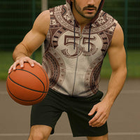 Bula Fiji Day 55th Anniversary Masi Tapa Sleeveless Zip Hoodie Emerald Jubilee - Beige - Polynesian Pride