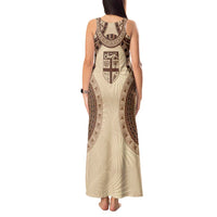 Bula Fiji Day 55th Anniversary Masi Tapa Tank Maxi Dress Emerald Jubilee - Beige - Polynesian Pride