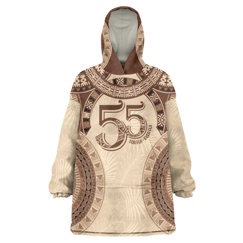 Bula Fiji Day 55th Anniversary Masi Tapa Wearable Blanket Hoodie Emerald Jubilee - Beige - Polynesian Pride