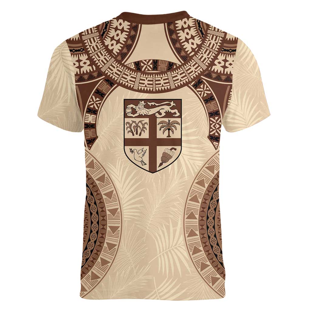 Bula Fiji Day 55th Anniversary Masi Tapa Women V-Neck T-Shirt Emerald Jubilee - Beige - Polynesian Pride