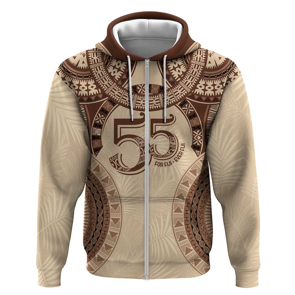 Bula Fiji Day 55th Anniversary Masi Tapa Zip Hoodie Emerald Jubilee - Beige - Polynesian Pride