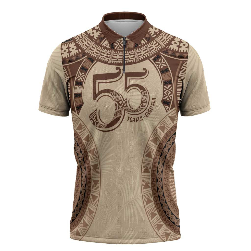 Bula Fiji Day 55th Anniversary Masi Tapa Zipper Polo Shirt Emerald Jubilee - Beige LT7 Beige - Polynesian Pride