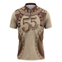 Bula Fiji Day 55th Anniversary Masi Tapa Zipper Polo Shirt Emerald Jubilee - Beige LT7 Beige - Polynesian Pride