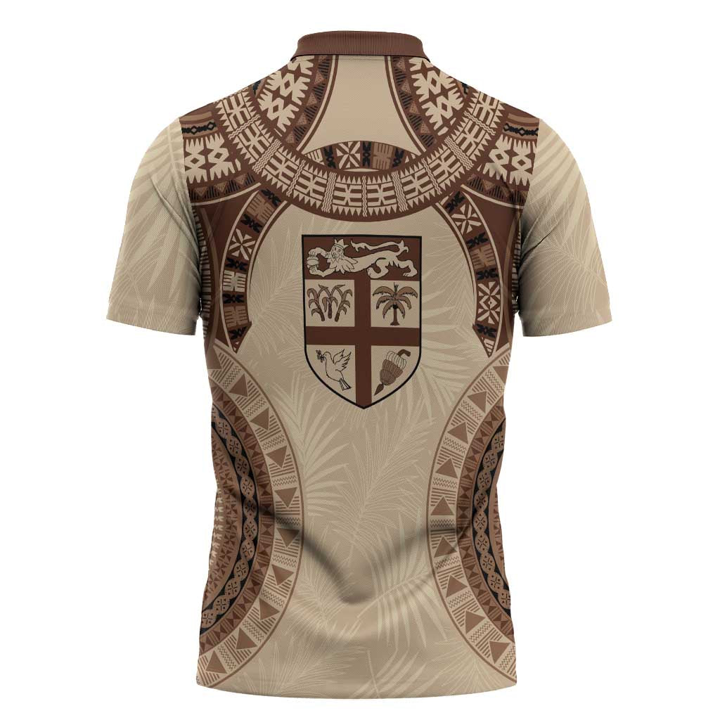 Bula Fiji Day 55th Anniversary Masi Tapa Zipper Polo Shirt Emerald Jubilee - Beige LT7 - Polynesian Pride