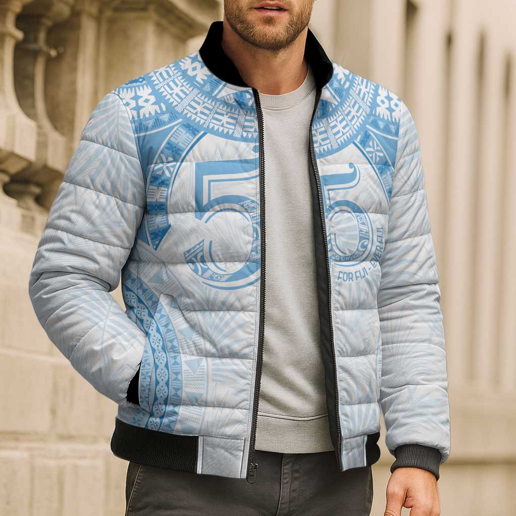 Bula Fiji Day 55th Anniversary Masi Tapa Bomber Puffer Jacket Emerald Jubilee - Turquoise LT7 - Polynesian Pride