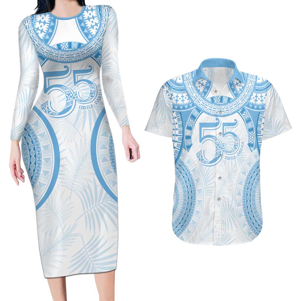 Bula Fiji Day 55th Anniversary Masi Tapa Couples Matching Long Sleeve Bodycon Dress and Hawaiian Shirt Emerald Jubilee - Turquoise - Polynesian Pride