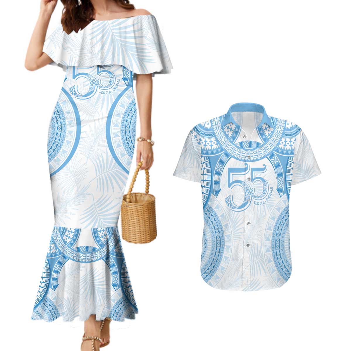 Bula Fiji Day 55th Anniversary Masi Tapa Couples Matching Mermaid Dress and Hawaiian Shirt Emerald Jubilee - Turquoise - Polynesian Pride