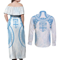 Bula Fiji Day 55th Anniversary Masi Tapa Couples Matching Off Shoulder Maxi Dress and Long Sleeve Button Shirt Emerald Jubilee - Turquoise - Polynesian Pride