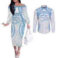 Bula Fiji Day 55th Anniversary Masi Tapa Couples Matching Off The Shoulder Long Sleeve Dress and Long Sleeve Button Shirt Emerald Jubilee - Turquoise - Polynesian Pride