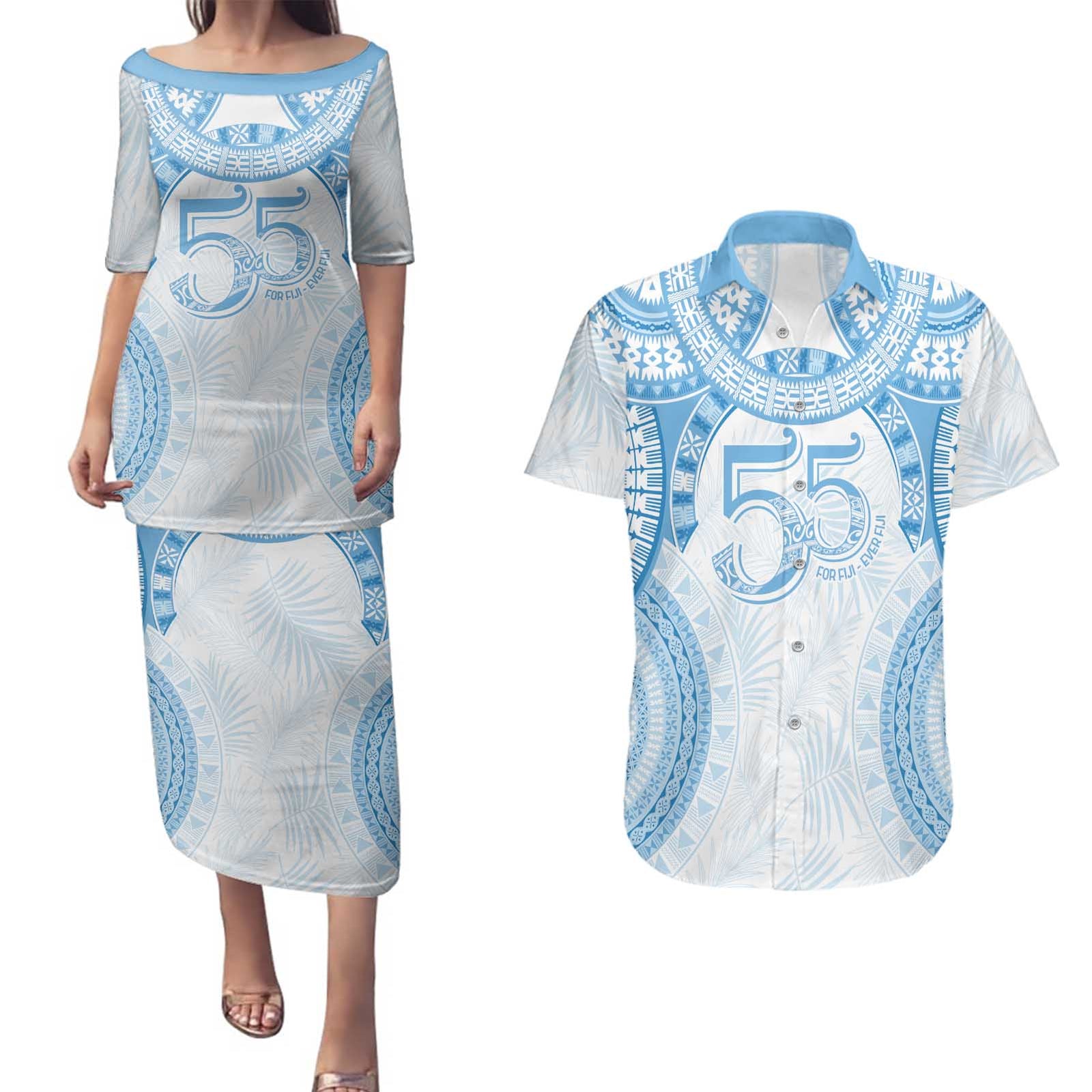Bula Fiji Day 55th Anniversary Masi Tapa Couples Matching Puletasi and Hawaiian Shirt Emerald Jubilee - Turquoise - Polynesian Pride