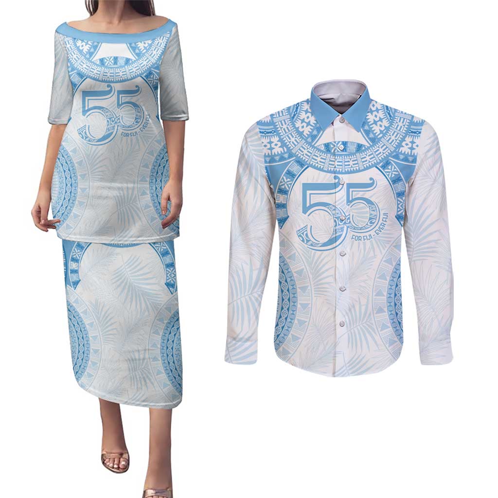Bula Fiji Day 55th Anniversary Masi Tapa Couples Matching Puletasi and Long Sleeve Button Shirt Emerald Jubilee - Turquoise - Polynesian Pride