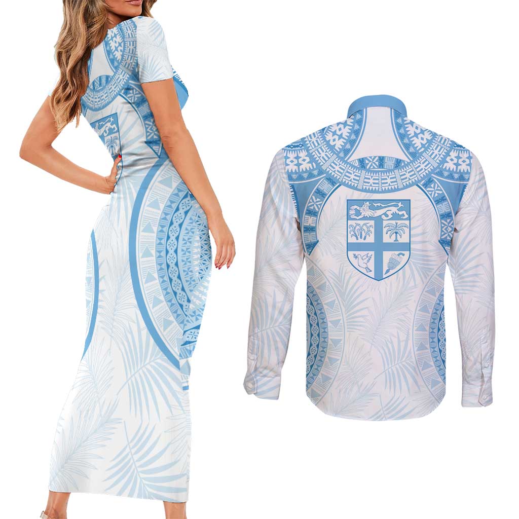 Bula Fiji Day 55th Anniversary Masi Tapa Couples Matching Short Sleeve Bodycon Dress and Long Sleeve Button Shirt Emerald Jubilee - Turquoise - Polynesian Pride