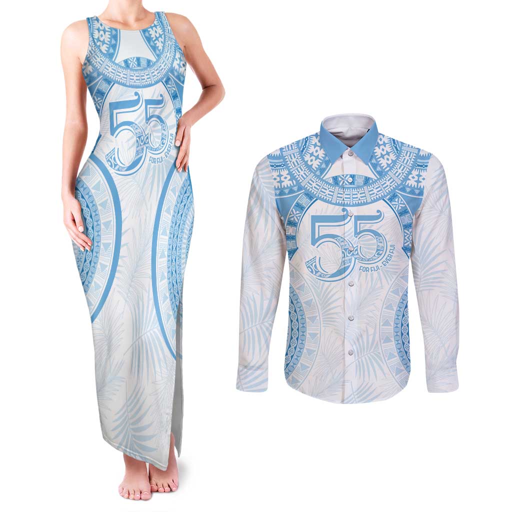 Bula Fiji Day 55th Anniversary Masi Tapa Couples Matching Tank Maxi Dress and Long Sleeve Button Shirt Emerald Jubilee - Turquoise - Polynesian Pride