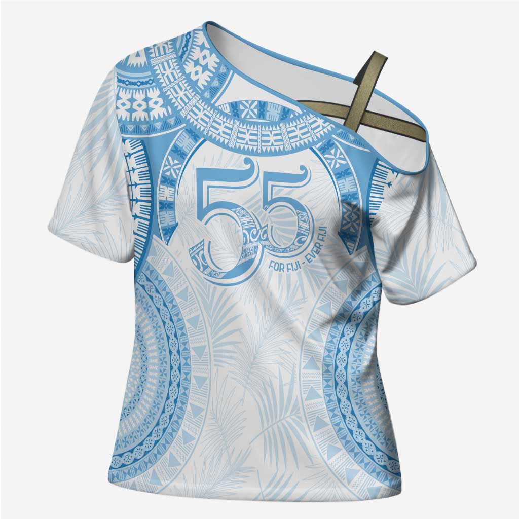 Bula Fiji Day 55th Anniversary Masi Tapa Cross Shoulder Shirt Emerald Jubilee - Turquoise LT7 Female Turquoise - Polynesian Pride