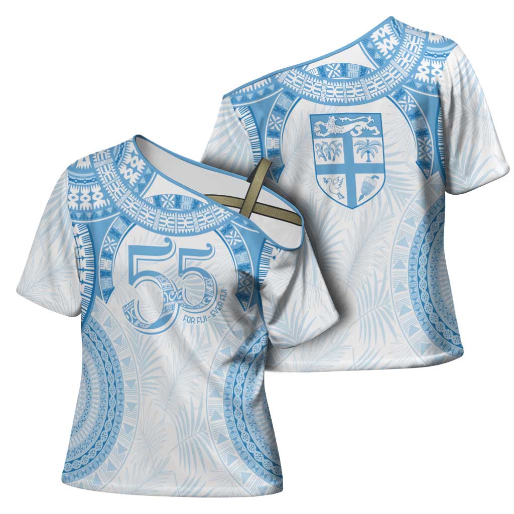 Bula Fiji Day 55th Anniversary Masi Tapa Cross Shoulder Shirt Emerald Jubilee - Turquoise LT7 - Polynesian Pride