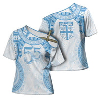 Bula Fiji Day 55th Anniversary Masi Tapa Cross Shoulder Shirt Emerald Jubilee - Turquoise LT7 - Polynesian Pride