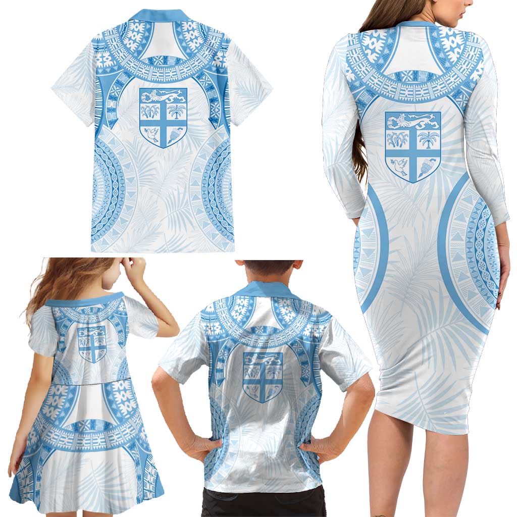 Bula Fiji Day 55th Anniversary Masi Tapa Family Matching Long Sleeve Bodycon Dress and Hawaiian Shirt Emerald Jubilee - Turquoise - Polynesian Pride