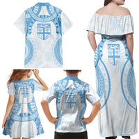 Bula Fiji Day 55th Anniversary Masi Tapa Family Matching Off Shoulder Maxi Dress and Hawaiian Shirt Emerald Jubilee - Turquoise - Polynesian Pride