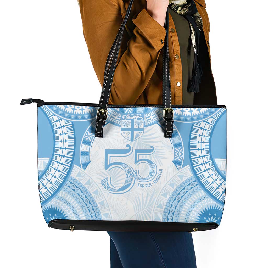 Bula Fiji Day 55th Anniversary Masi Tapa Leather Tote Bag Emerald Jubilee - Turquoise LT7 - Polynesian Pride